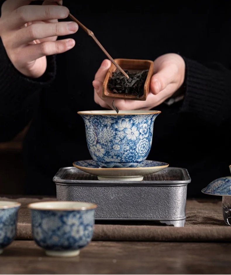 Retro Ru Kiln Tea Tureen Ceramic Sancai Cover Bowl Tea Maker Gaiwan Can Raise Kung Fu Teaware