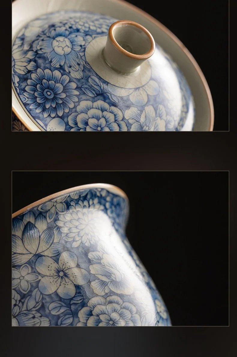 Retro Ru Kiln Tea Tureen Ceramic Sancai Cover Bowl Tea Maker Gaiwan Can Raise Kung Fu Teaware