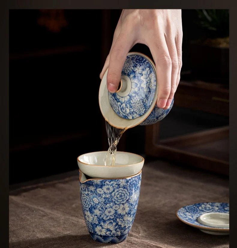 Retro Ru Kiln Tea Tureen Ceramic Sancai Cover Bowl Tea Maker Gaiwan Can Raise Kung Fu Teaware