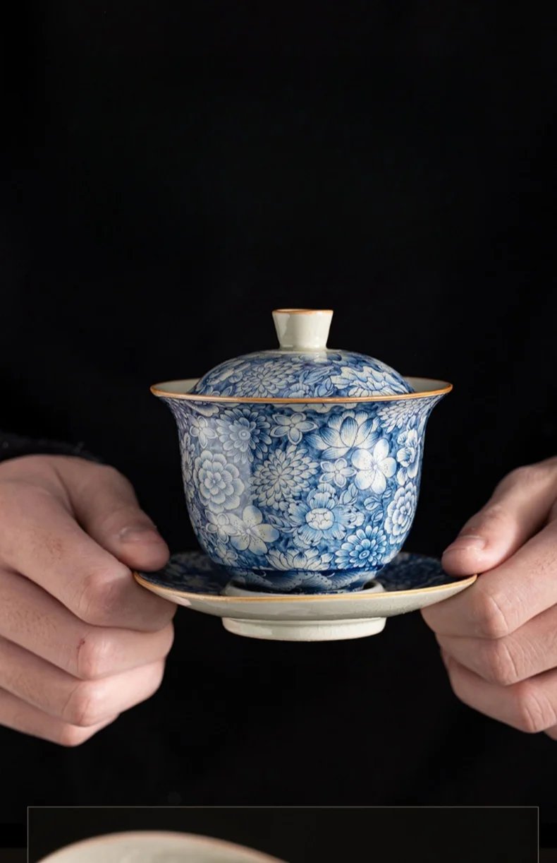 Retro Ru Kiln Tea Tureen Ceramic Sancai Cover Bowl Tea Maker Gaiwan Can Raise Kung Fu Teaware