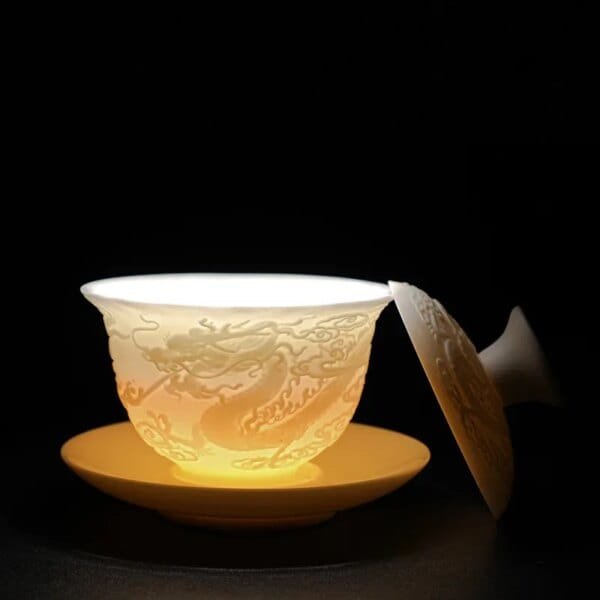 White Porcelain Kung Fu Tea Set White Jade Relief Tureen Ceramic Business Gift Simple Portable Dragon and Phoenix Cups Gaiwan - Image 2