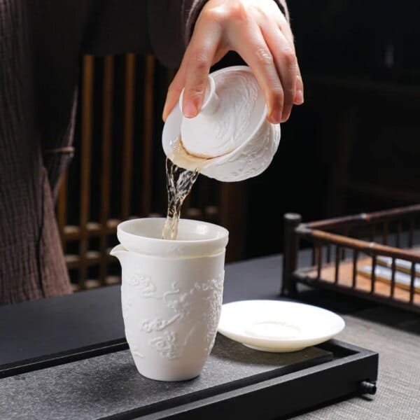 White Porcelain Kung Fu Tea Set White Jade Relief Tureen Ceramic Business Gift Simple Portable Dragon and Phoenix Cups Gaiwan - Image 5