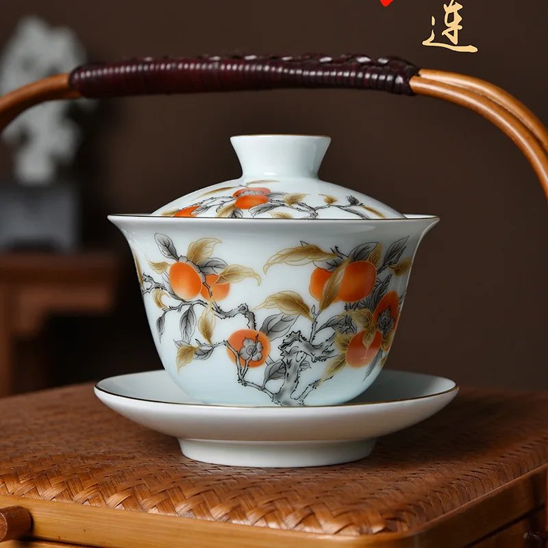 Traditional Chinese Gaiwan Sancai Teacup Pot with Lid Ceramic Tea Tureen Porcelain Tea Cup with Gold Trim Teaware Teapots Set