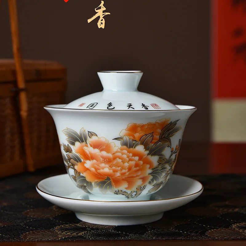 Traditional Chinese Gaiwan Sancai Teacup Pot with Lid Ceramic Tea Tureen Porcelain Tea Cup with Gold Trim Teaware Teapots Set