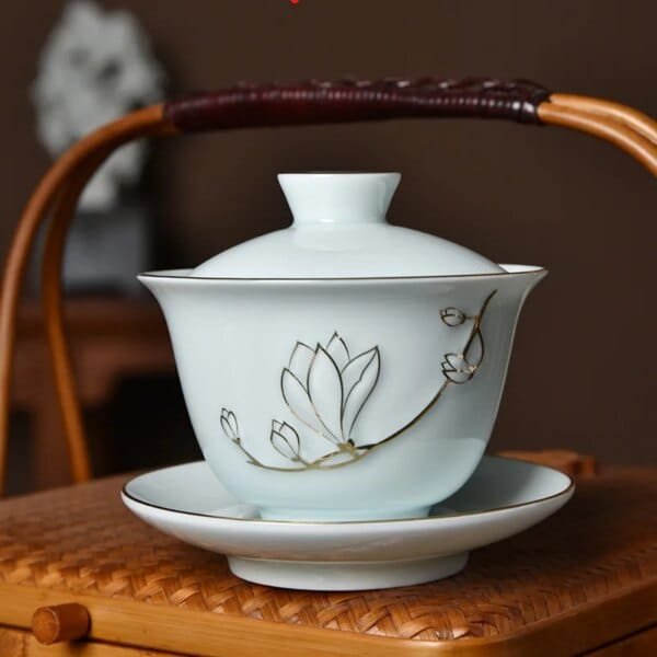 Traditional Chinese Gaiwan Sancai Teacup Pot with Lid Ceramic Tea Tureen Porcelain Tea Cup with Gold Trim Teaware Teapots Set - Image 4
