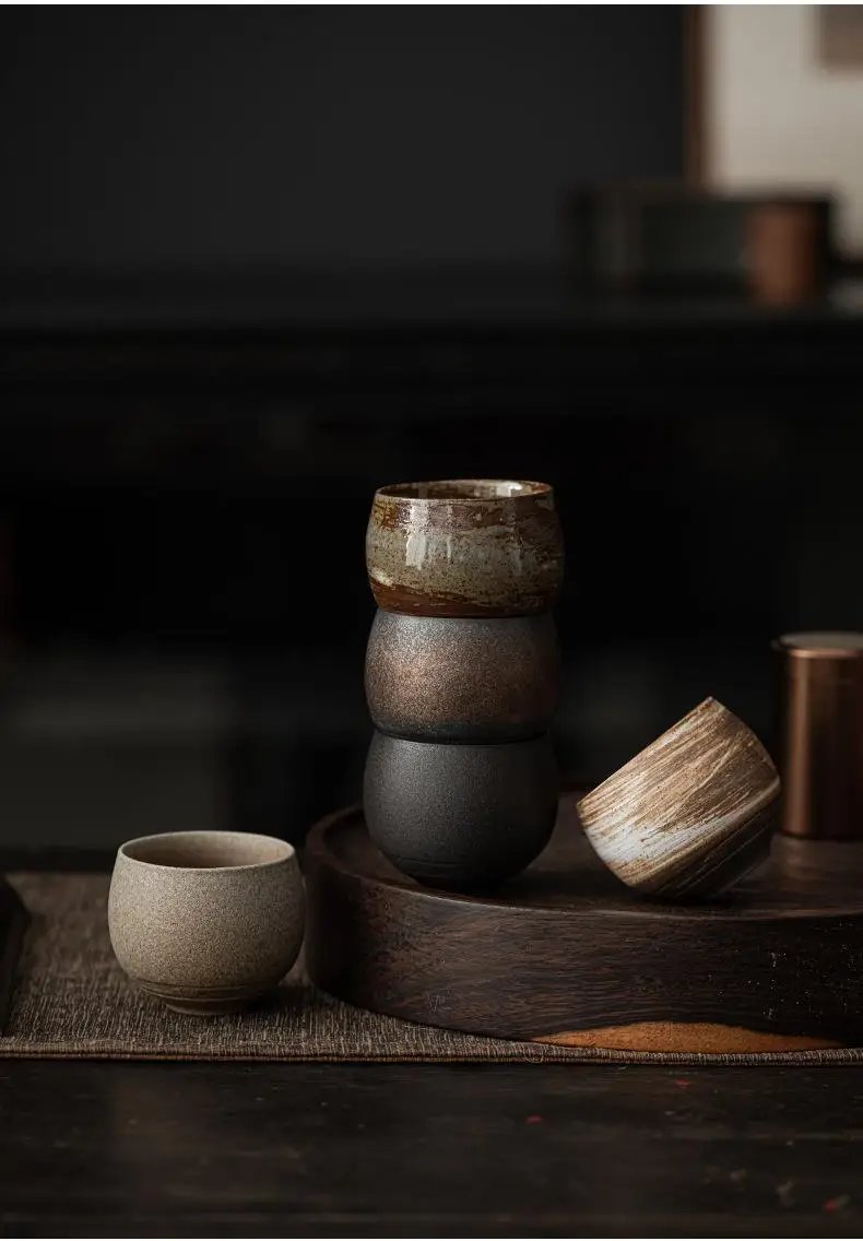 Japanese Handmade Rough Pottery Tea Cup Ceramic Kung Fu Tea Set Single Cup Antique Style Quiet Path Antique Craftsmanship Gift