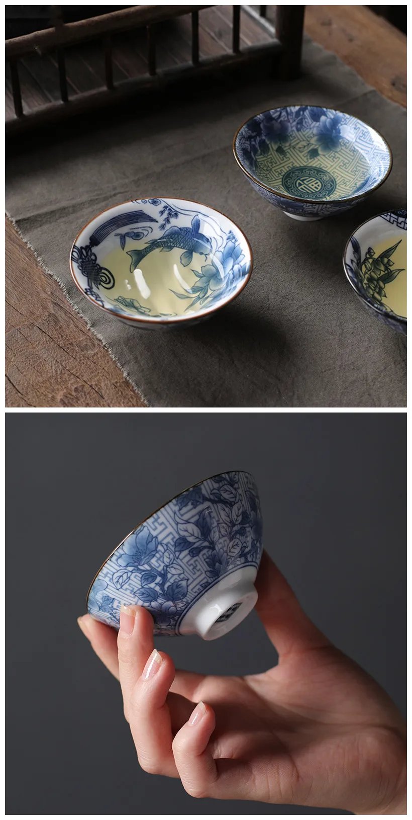 1 PCS Retro Blue and White Porcelain Cone Teacup Anti Scaling Hand-Painted Ceramic Tea Bowl Travel Meditation Cups Tea set