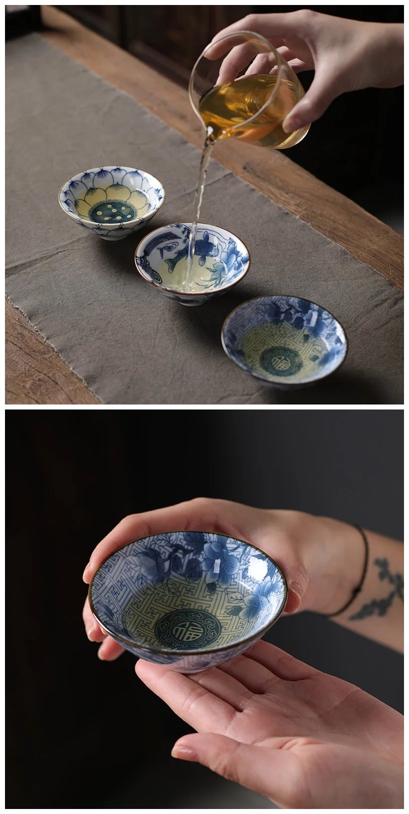 1 PCS Retro Blue and White Porcelain Cone Teacup Anti Scaling Hand-Painted Ceramic Tea Bowl Travel Meditation Cups Tea set