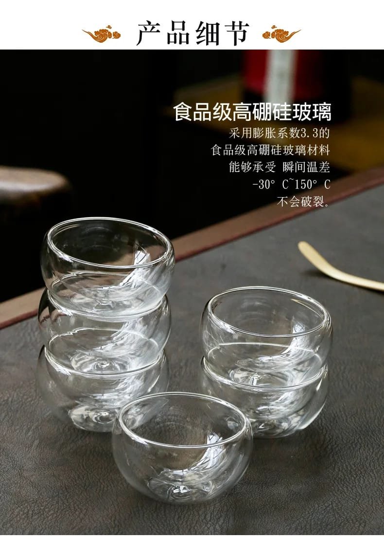 Small Mini Heat Resistant 50 ml Double Wall Transparent Borosilicate Glass Espresso Coffee Hot Gong Fu Kongfu Tea Cup Mug Set