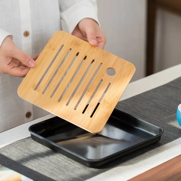 Bamboo Chinese Gongfu Tea Tray Box with Water Storage Drainage  Serving Wood Marble  Holder Table - Image 6