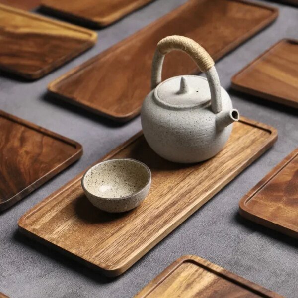 Rectangle Wooden Tea Tray Serving Table Plate Snacks Food Storage Dish for Hotel Home - Image 3