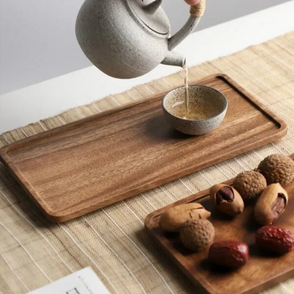 Rectangle Wooden Tea Tray Serving Table Plate Snacks Food Storage Dish for Hotel Home - Image 2