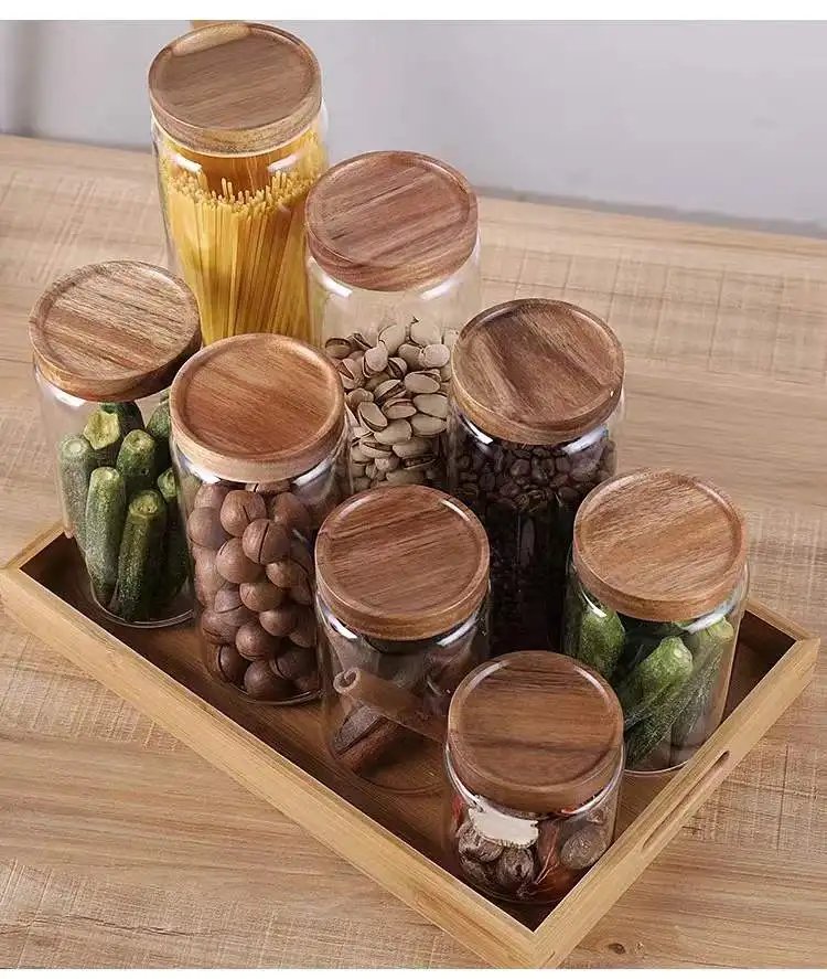1 PC Small Glass Storage Jars with Airtight Lids,  coffee container with Wooden Lid, Glass Pantry Canister for Beans, Rice,Sugar