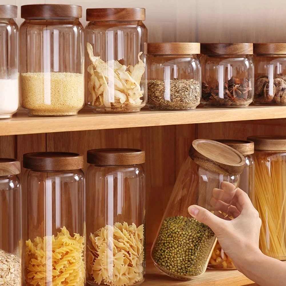 1 PC Small Glass Storage Jars with Airtight Lids,  coffee container with Wooden Lid, Glass Pantry Canister for Beans, Rice,Sugar