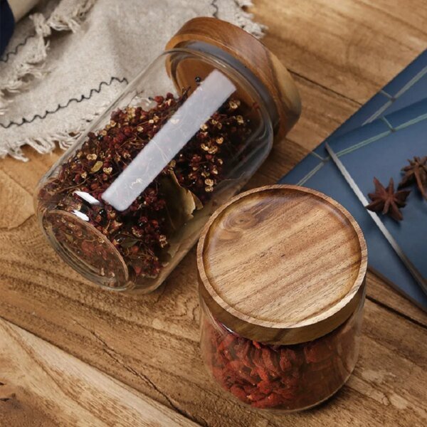 1 PC Small Glass Storage Jars with Airtight Lids,  coffee container with Wooden Lid, Glass Pantry Canister for Beans, Rice,Sugar - Image 5