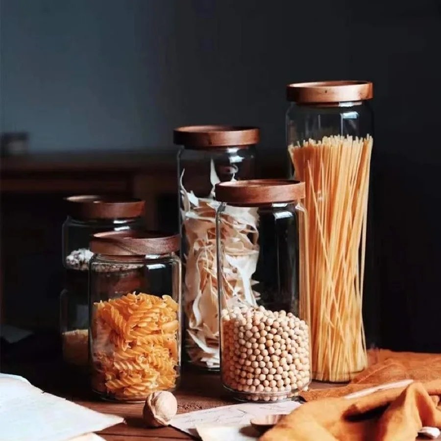 1 PC Small Glass Storage Jars with Airtight Lids,  coffee container with Wooden Lid, Glass Pantry Canister for Beans, Rice,Sugar