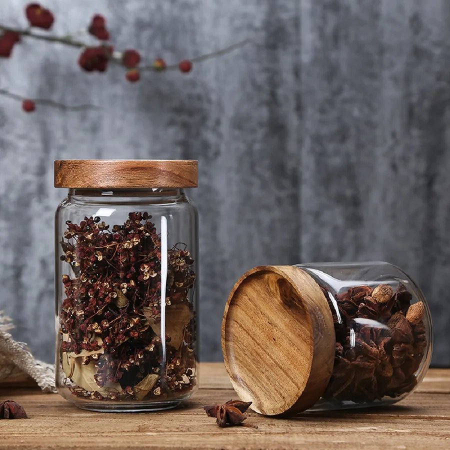1 PC Small Glass Storage Jars with Airtight Lids,  coffee container with Wooden Lid, Glass Pantry Canister for Beans, Rice,Sugar