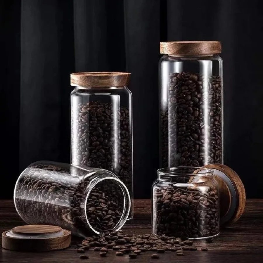 1 PC Small Glass Storage Jars with Airtight Lids,  coffee container with Wooden Lid, Glass Pantry Canister for Beans, Rice,Sugar