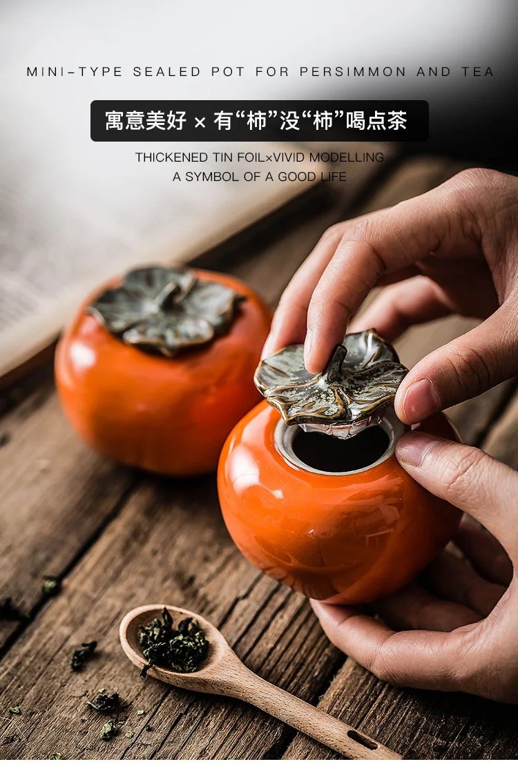 Tea Caddies Persimmon Tea Pot Household Ceramic Spice Storage Tank Pottery Jar Seasoning Container Small Storage Pot Ornament