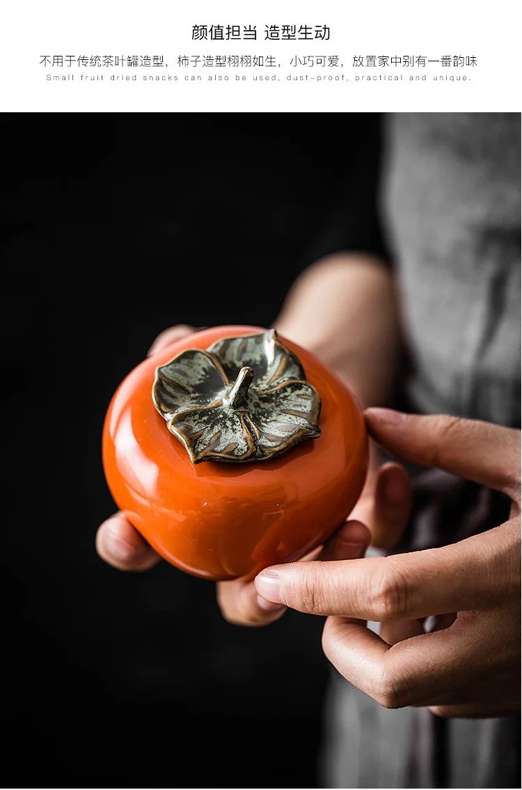 Tea Caddies Persimmon Tea Pot Household Ceramic Spice Storage Tank Pottery Jar Seasoning Container Small Storage Pot Ornament