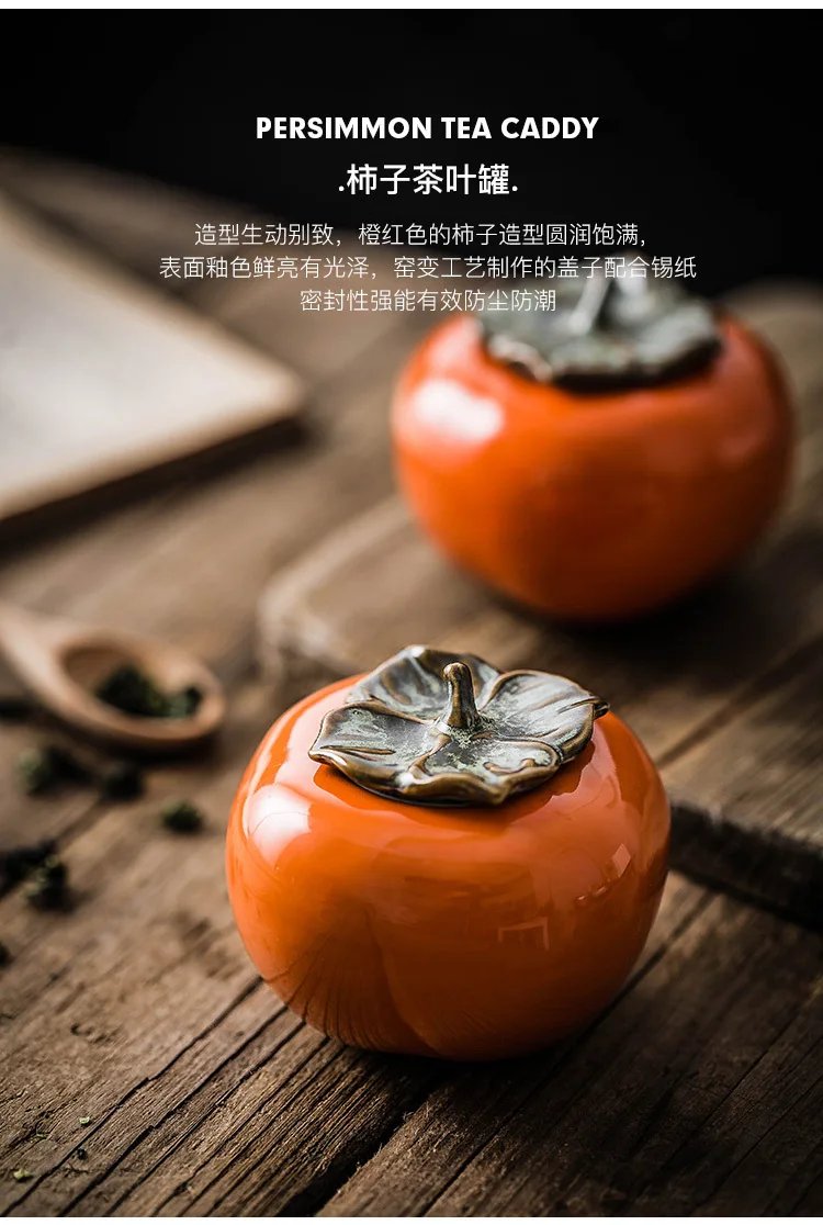 Tea Caddies Persimmon Tea Pot Household Ceramic Spice Storage Tank Pottery Jar Seasoning Container Small Storage Pot Ornament