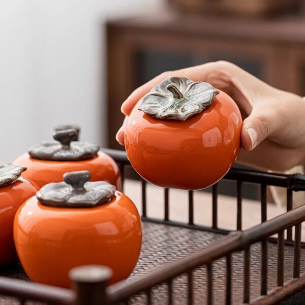 Tea Caddies Persimmon Tea Pot Household Ceramic Spice Storage Tank Pottery Jar Seasoning Container Small Storage Pot Ornament - Image 2