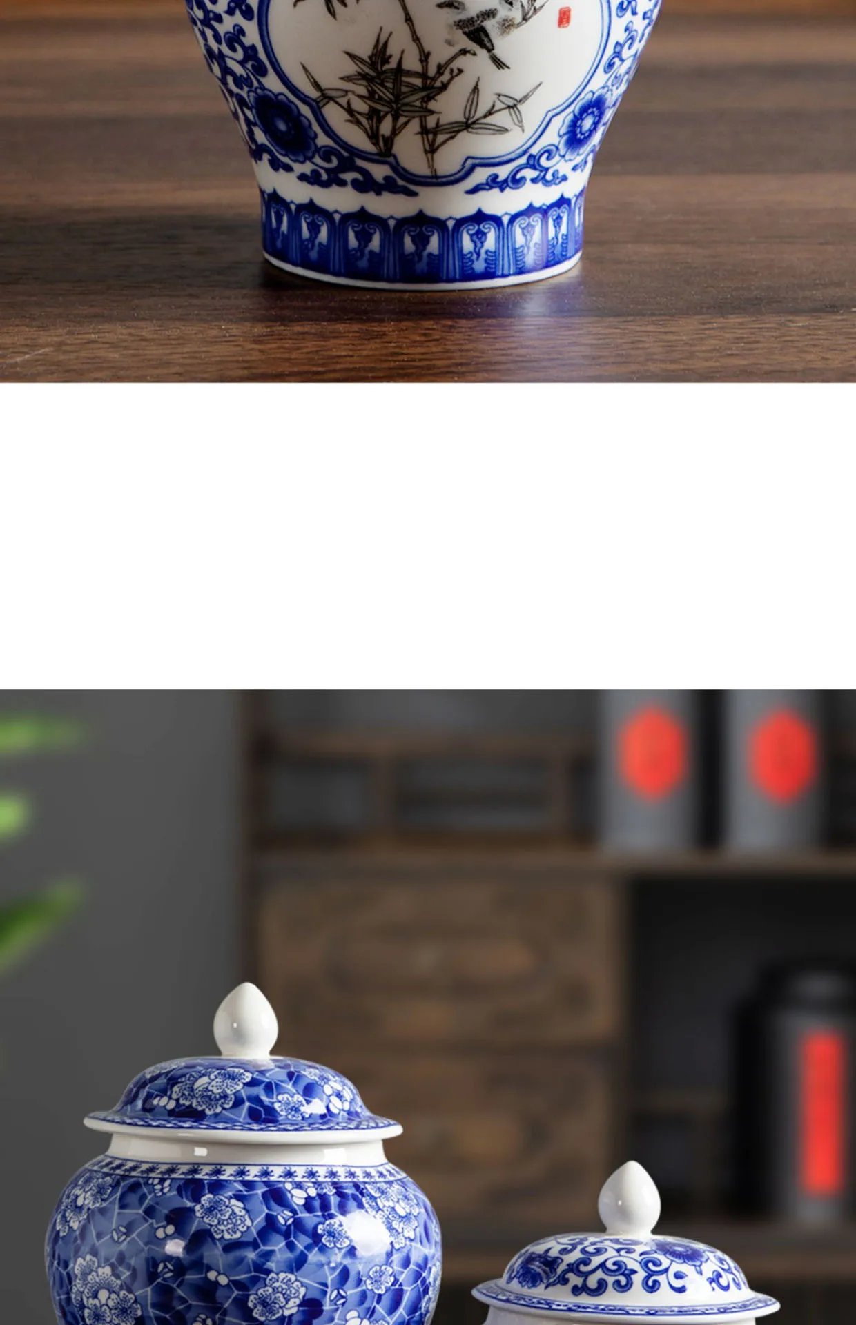 Blue and White Porcelain General Jar Tea Canister Sealed Ceramic Storage Jar with Lid Desk Decoration Candy Pots Tea Caddy