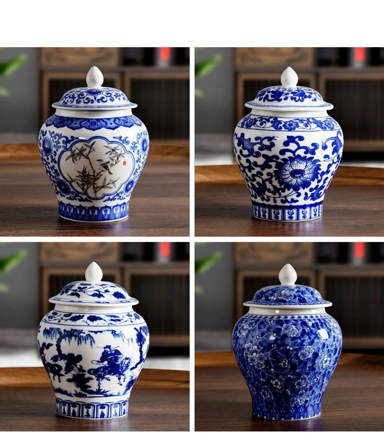 Blue and White Porcelain General Jar Tea Canister Sealed Ceramic Storage Jar with Lid Desk Decoration Candy Pots Tea Caddy