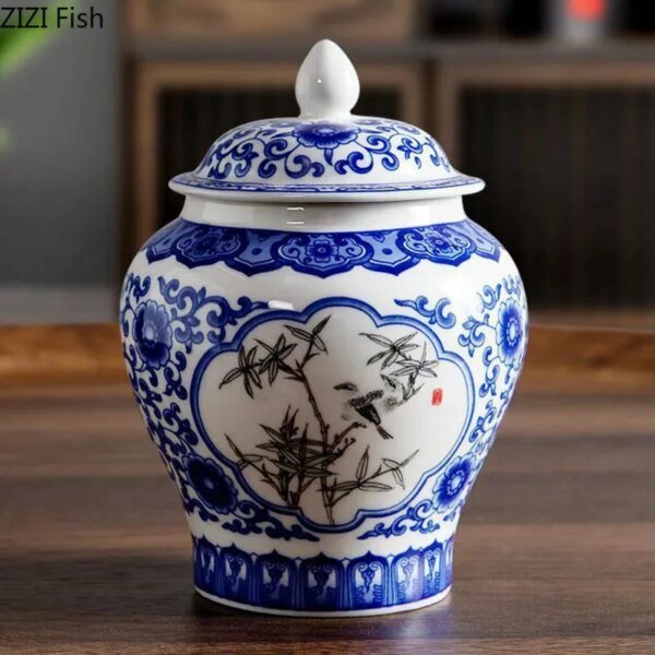 Blue and White Porcelain General Jar Tea Canister Sealed Ceramic Storage Jar with Lid Desk Decoration Candy Pots Tea Caddy - Image 4