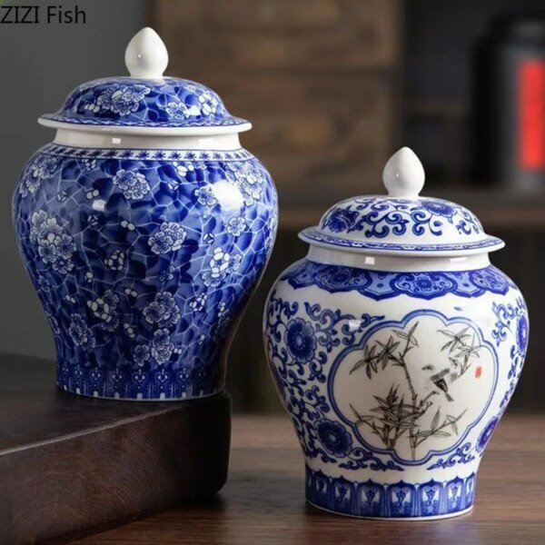 Blue and White Porcelain General Jar Tea Canister Sealed Ceramic Storage Jar with Lid Desk Decoration Candy Pots Tea Caddy