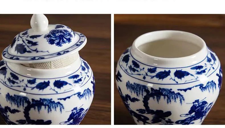 Blue and White Porcelain General Jar Tea Canister Sealed Ceramic Storage Jar with Lid Desk Decoration Candy Pots Tea Caddy