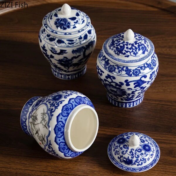 Blue and White Porcelain General Jar Tea Canister Sealed Ceramic Storage Jar with Lid Desk Decoration Candy Pots Tea Caddy - Image 2