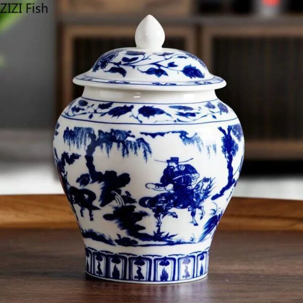 Blue and White Porcelain General Jar Tea Canister Sealed Ceramic Storage Jar with Lid Desk Decoration Candy Pots Tea Caddy - Image 3