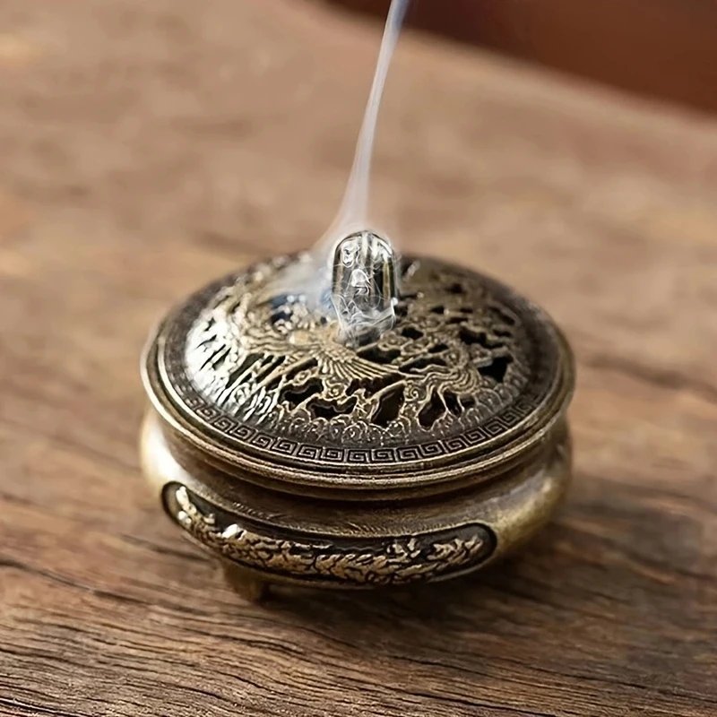 Antique brass pocket incense burner mini hollow incense ornament ancient Chinese tea table decoration dragon and phoenix