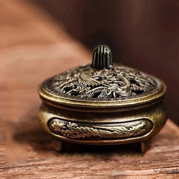 Antique brass pocket incense burner mini hollow incense ornament ancient Chinese tea table decoration dragon and phoenix - Image 2