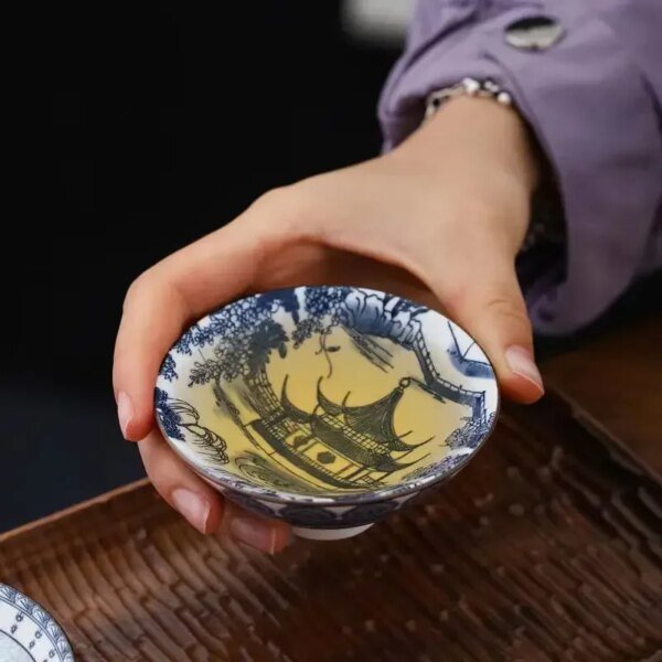 70ML Blue and White Porcelain Tea Cup Handmade Dragon Phoenix Fish Pavilion Chinese Kungfu Teacup Ceremony Teaware Master Cups - Image 5