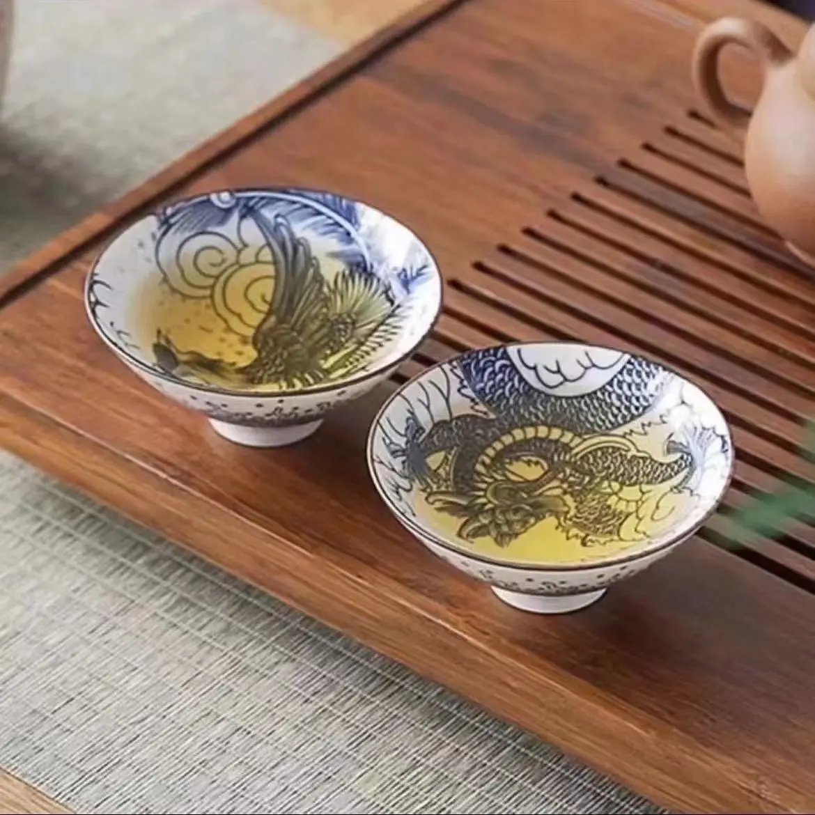 70ML Blue and White Porcelain Tea Cup Handmade Dragon Phoenix Fish Pavilion Chinese Kungfu Teacup Ceremony Teaware Master Cups 70ML Blue and White Porcelain Tea Cup Handmade Dragon Phoenix Fish Pavilion Chinese Kungfu Teacup Ceremony Teaware Master Cups