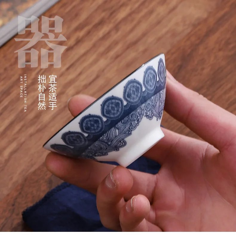 70ML Blue and White Porcelain Tea Cup Handmade Dragon Phoenix Fish Pavilion Chinese Kungfu Teacup Ceremony Teaware Master Cups 70ML Blue and White Porcelain Tea Cup Handmade Dragon Phoenix Fish Pavilion Chinese Kungfu Teacup Ceremony Teaware Master Cups