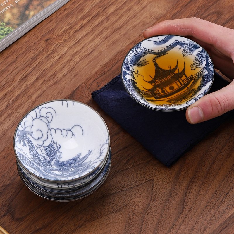 70ML Blue and White Porcelain Tea Cup Handmade Dragon Phoenix Fish Pavilion Chinese Kungfu Teacup Ceremony Teaware Master Cups 70ML Blue and White Porcelain Tea Cup Handmade Dragon Phoenix Fish Pavilion Chinese Kungfu Teacup Ceremony Teaware Master Cups