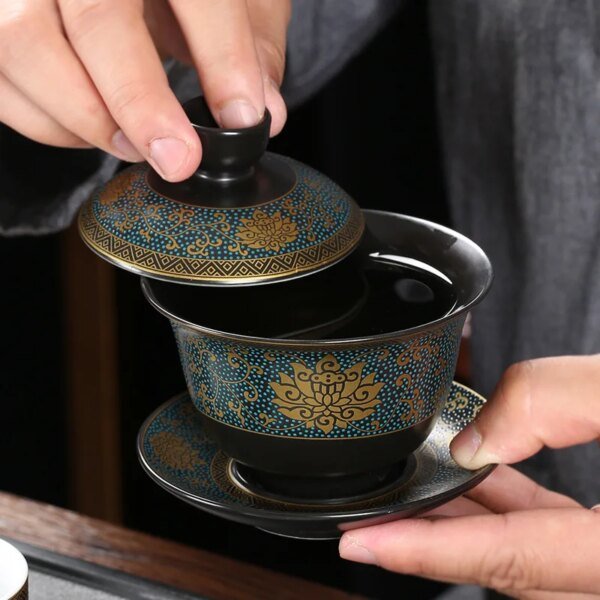 Chinese Teaset Classical Black Clay Gaiwan Tea Cups Tureen 180ml Lid Bowl Saucer Traditional Handmade Tea Brew Tea Cup